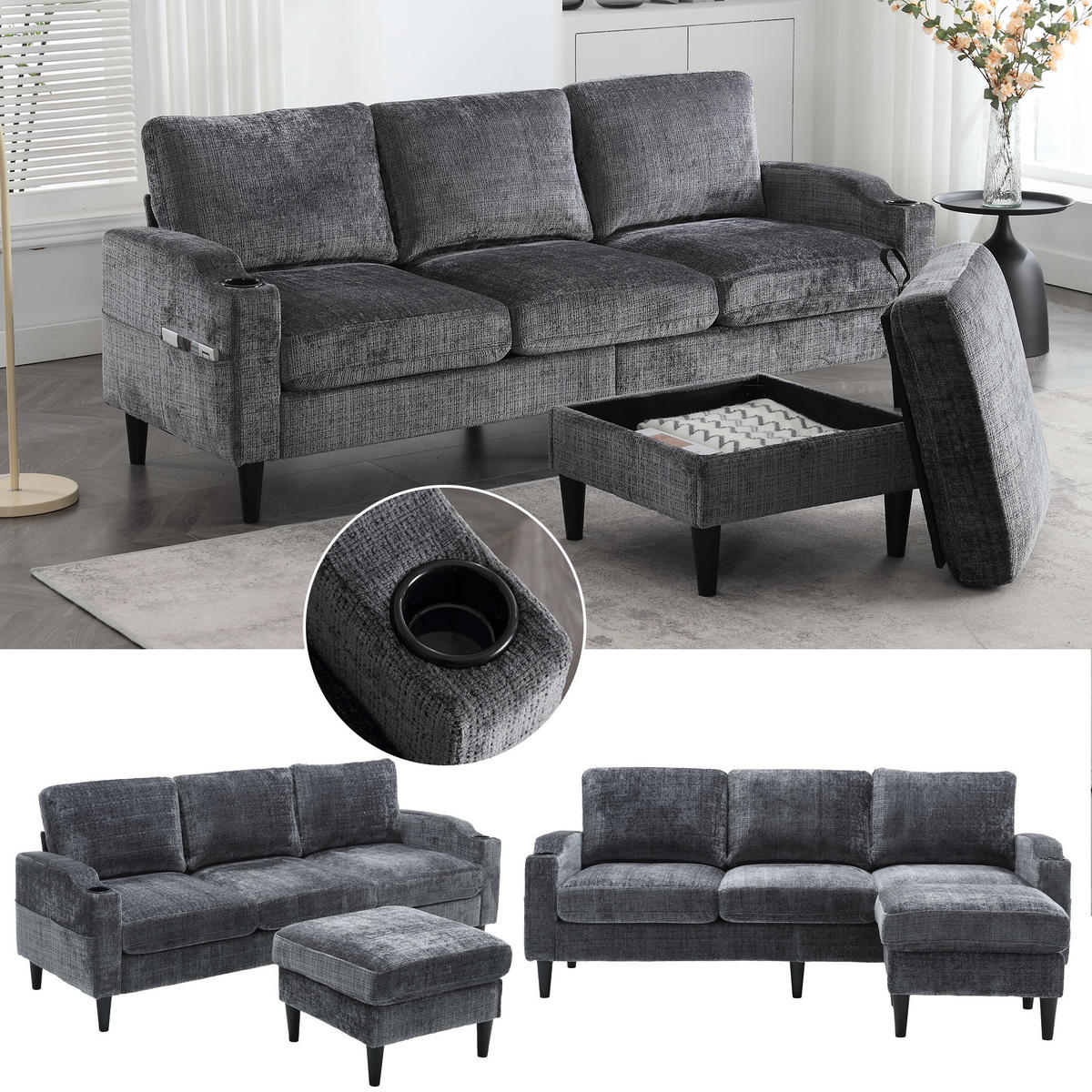SITZGARNITUR 4-SITZER Chenille Grau mit Stauraum - Grau, Holzwerkstoff/Kunststoff (196.5/77/75cm) - WISHDOR