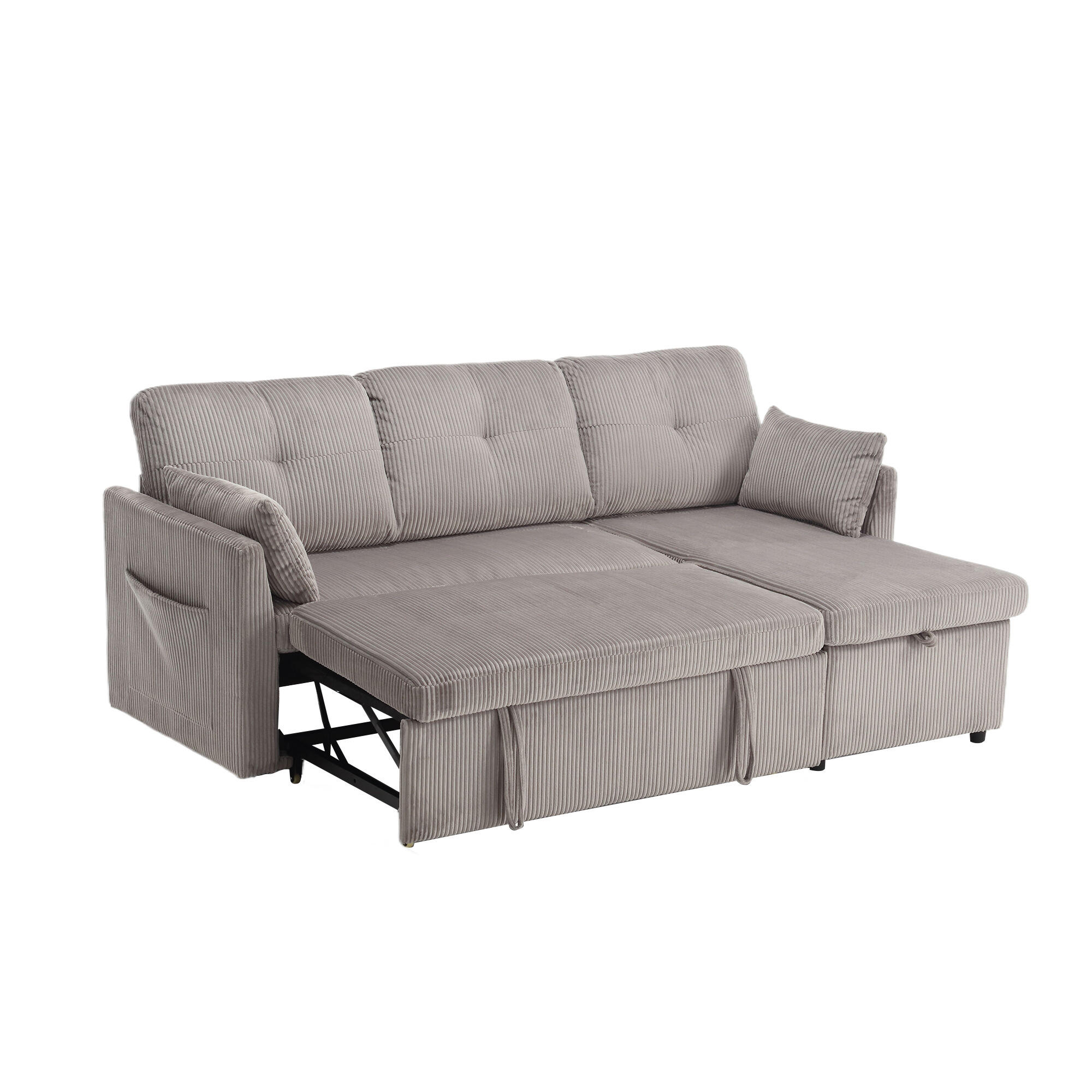 ECKSOFA L-Form mit Schlaffunktion, Bettkasten/Seitentasche, Cord, Hellgrau - Hellgrau, Holz (206/108cm) - LVHOM