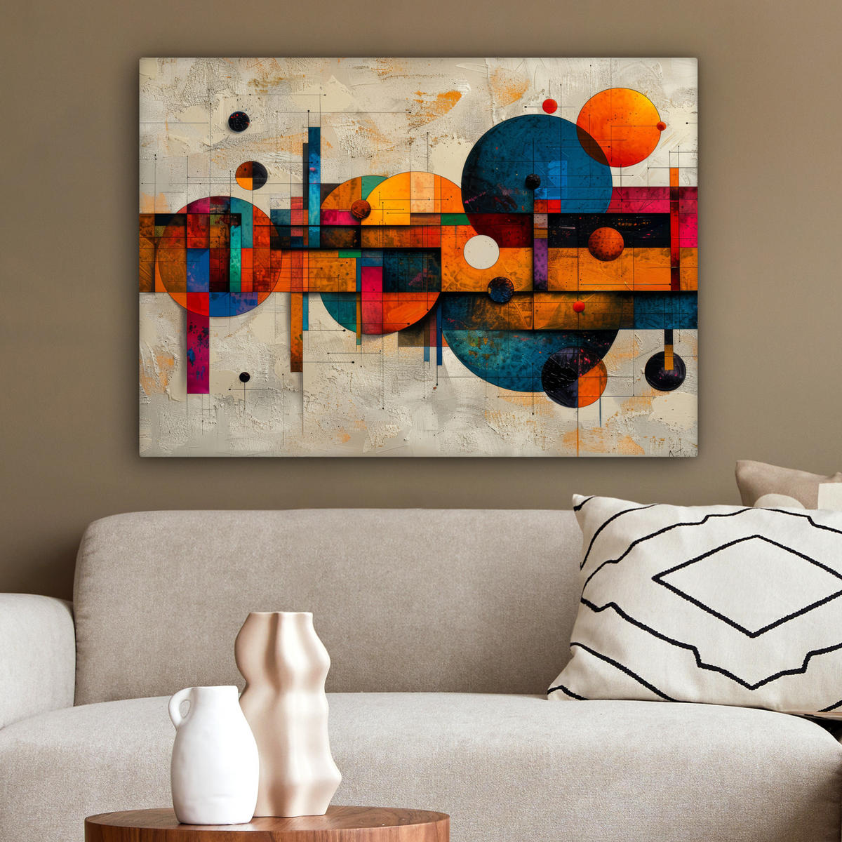 LEINWANDBILD - Vintage - Moderne Kunst - Orange - Geometrische Formen - 80x60 - Malerei - Multicolor, Textil (80/60cm) - MuchoWow