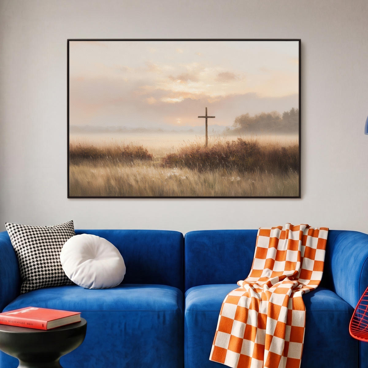LEINWAND Bilder mit Rahmen - Gras - Morgennebel - Kreuz - Christentum - 90x60 - Beige, Textil (90/60cm) - MuchoWow