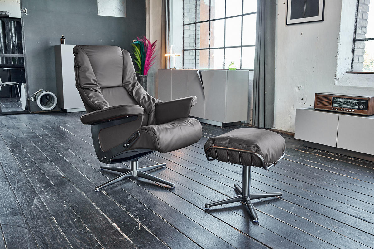 RELAXSESSEL MIT HOCKER MODO Grau Leder - Silberfarben/Grau, Leder/Metall (81/98/90cm) - KAWOLA
