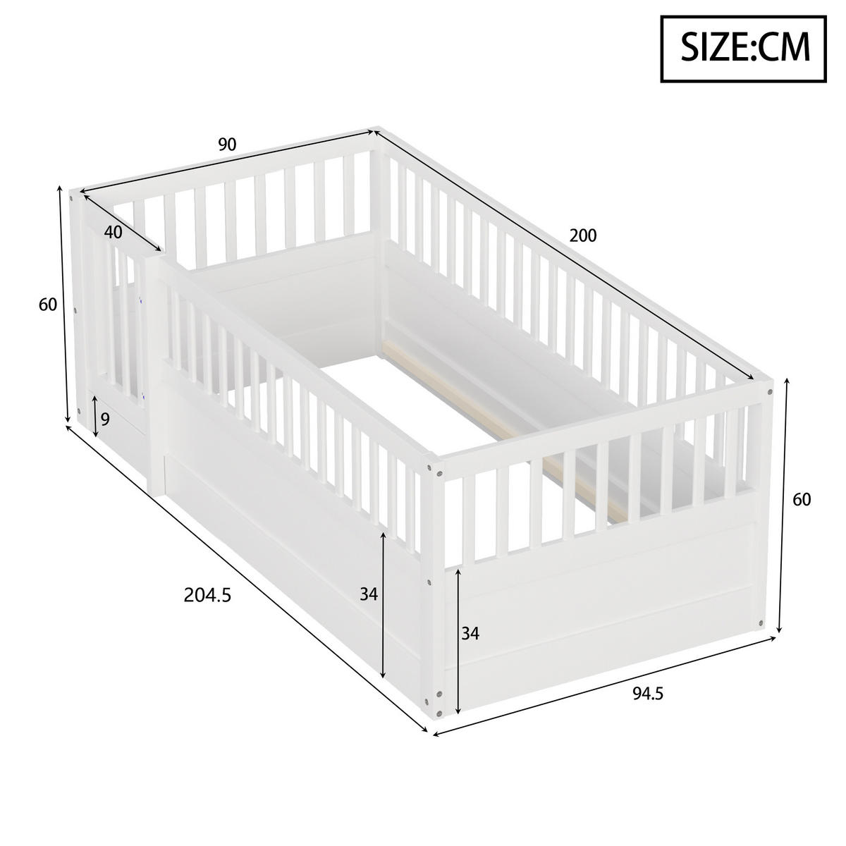 KINDEREINZELBETTEN aus Massivholz 90 x 200 cm in Weiß mit Zaun und Tür - Weiß, Holz (90/200cm) - Modfu