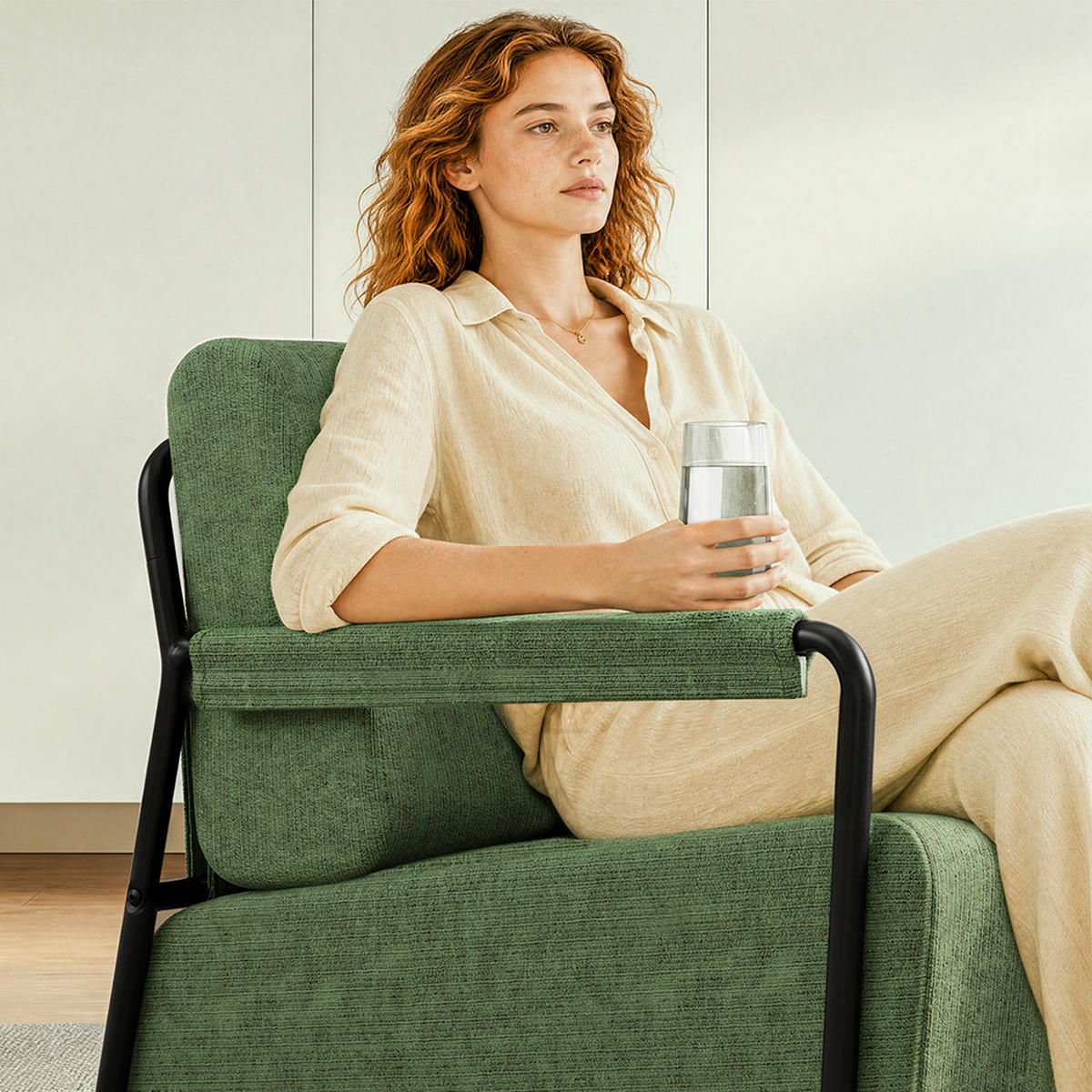 SESSEL mit Hocker und Metallgestell FST99-SY - Ahornfarben, Fell/Textil (59/78/74cm) - SoBuy