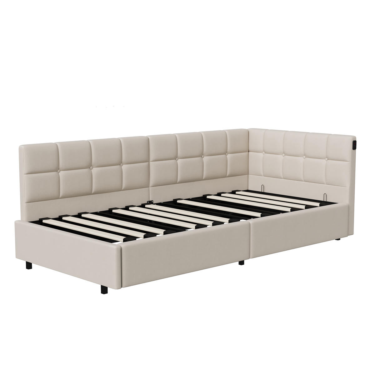 POLSTERBETT 90x200 cm Beige mit hydraulischem Stauraum, LED Beleuchtung, Eckbett mit Rückenlehne - Beige, Metall (90/200cm) - EuroLiving