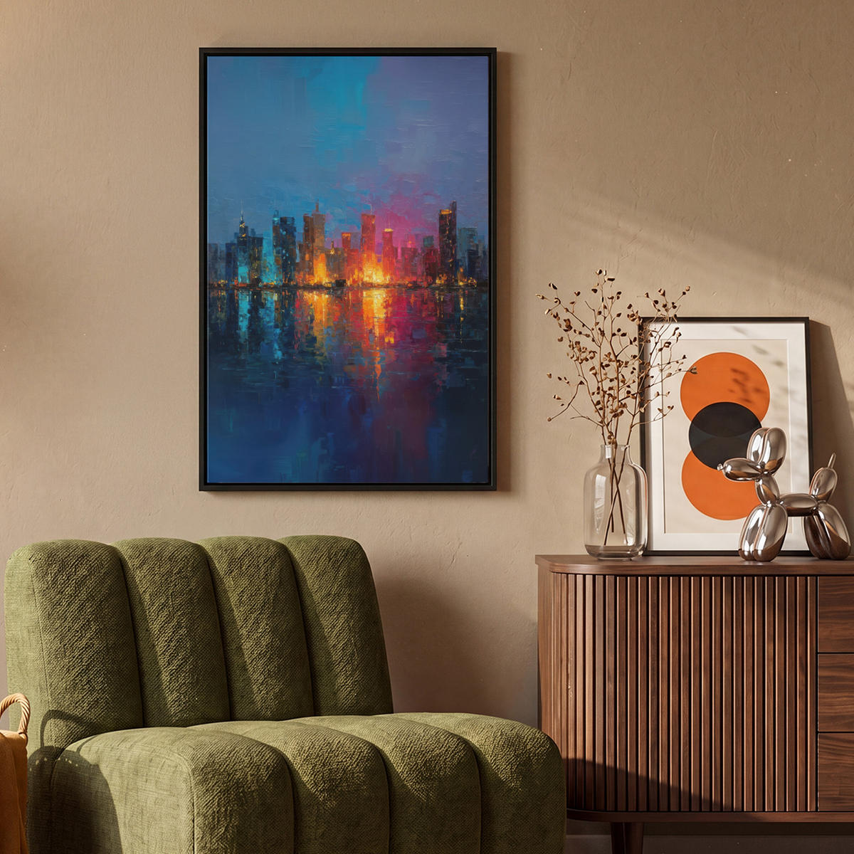 LEINWAND Bilder mit Rahmen - Skyline - Pinselstriche - Dunkelblau - Leuchtend - 60x90 - Blau, Textil (60/90cm) - MuchoWow