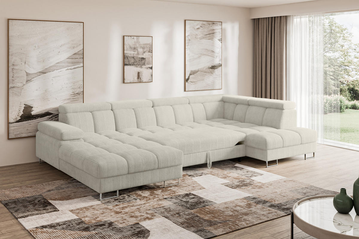 WOHNLANDSCHAFT mit Schlaffunktion und Bettkasten Ottomane RECHTS COMA U 345x203x79 Creme Cord - Mokka, Holzwerkstoff/Textil (203/79/345cm) - ALTDECOR
