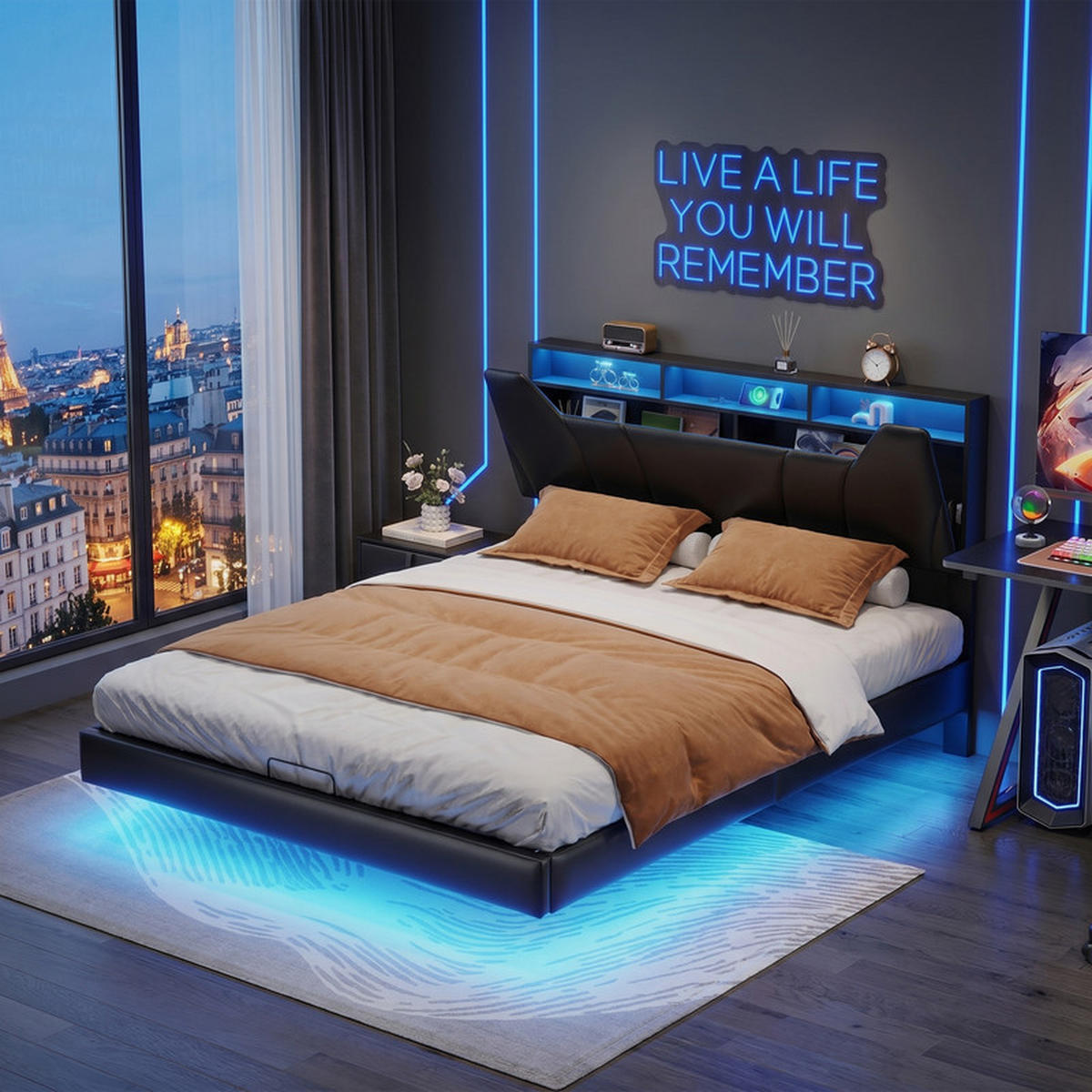 POLSTERBETT 160/200 cm schwarz mit Stauraum, LED und USB - Schwarz, Holz - SHOPENTRA