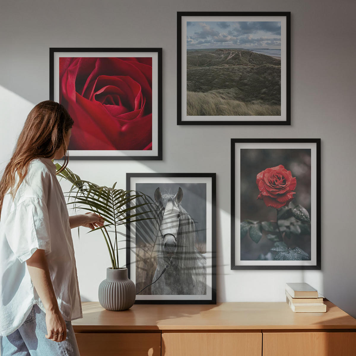 BILDER SET 4er Set - 50x50 cm & 40x60 cm Schwarzer Rahmen - Rote Rosen auf pferdegrauem Hintergrund - Schwarz, Kunststoff (50/50cm) - TULUP