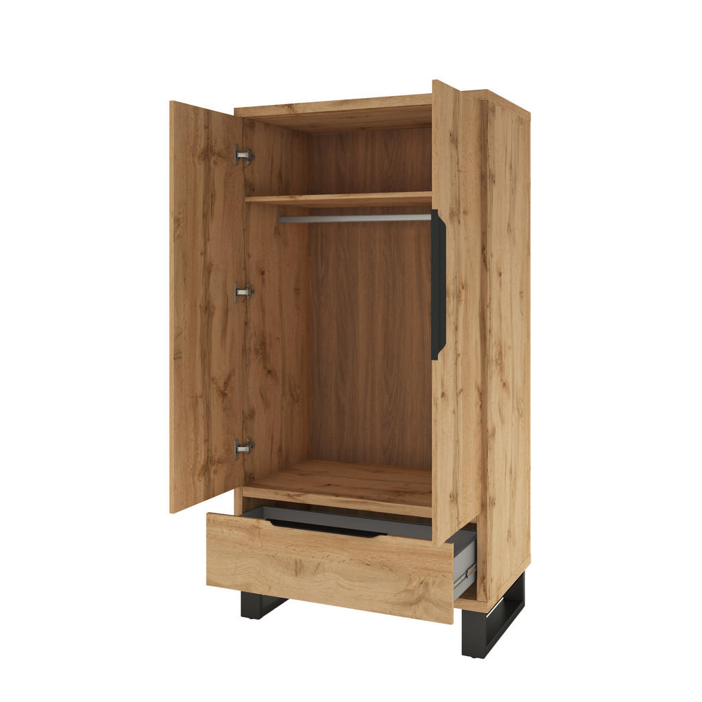 Thumbnail - Masseno Drehtürenschrank, Eiche Wotan, Holzwerkstoff, 1 Fächer, 1 Schubladen, Rechteckig, 99x190x60 cm, Schlafzimmer, Kl...