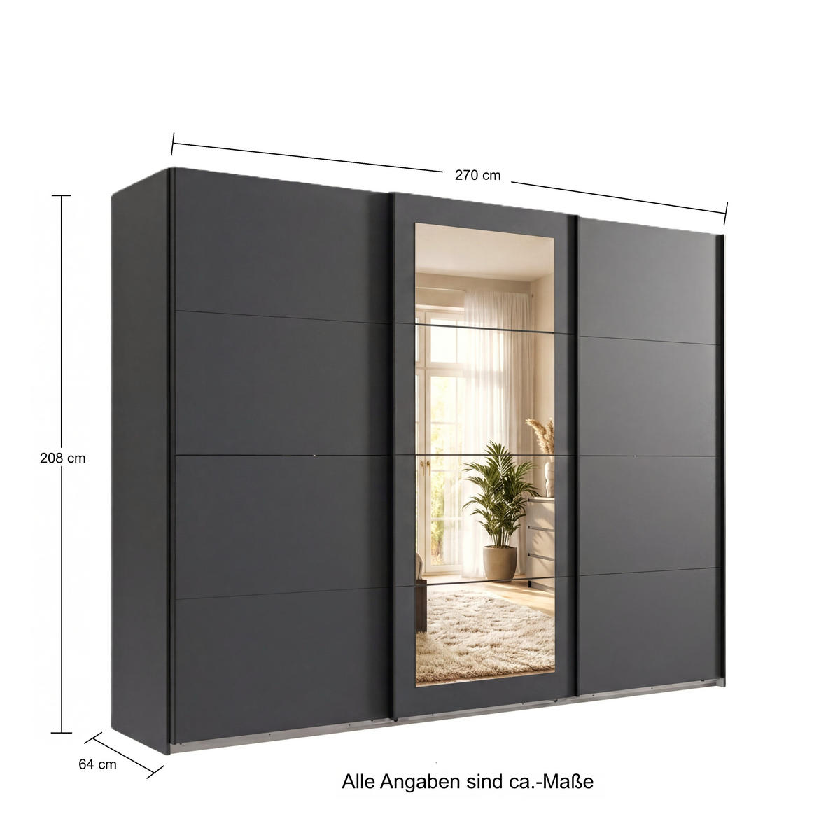 SCHWEBETÜRENSCHRANK 3-türig B270/H208/64 cm Kleiderschrank in Grafit, mittig Spiegel, Griffe Schwarz / 22630 - Schwarz/Graphitfarben, Holzwerkstoff/Metall (270/208/64cm) - luma-home