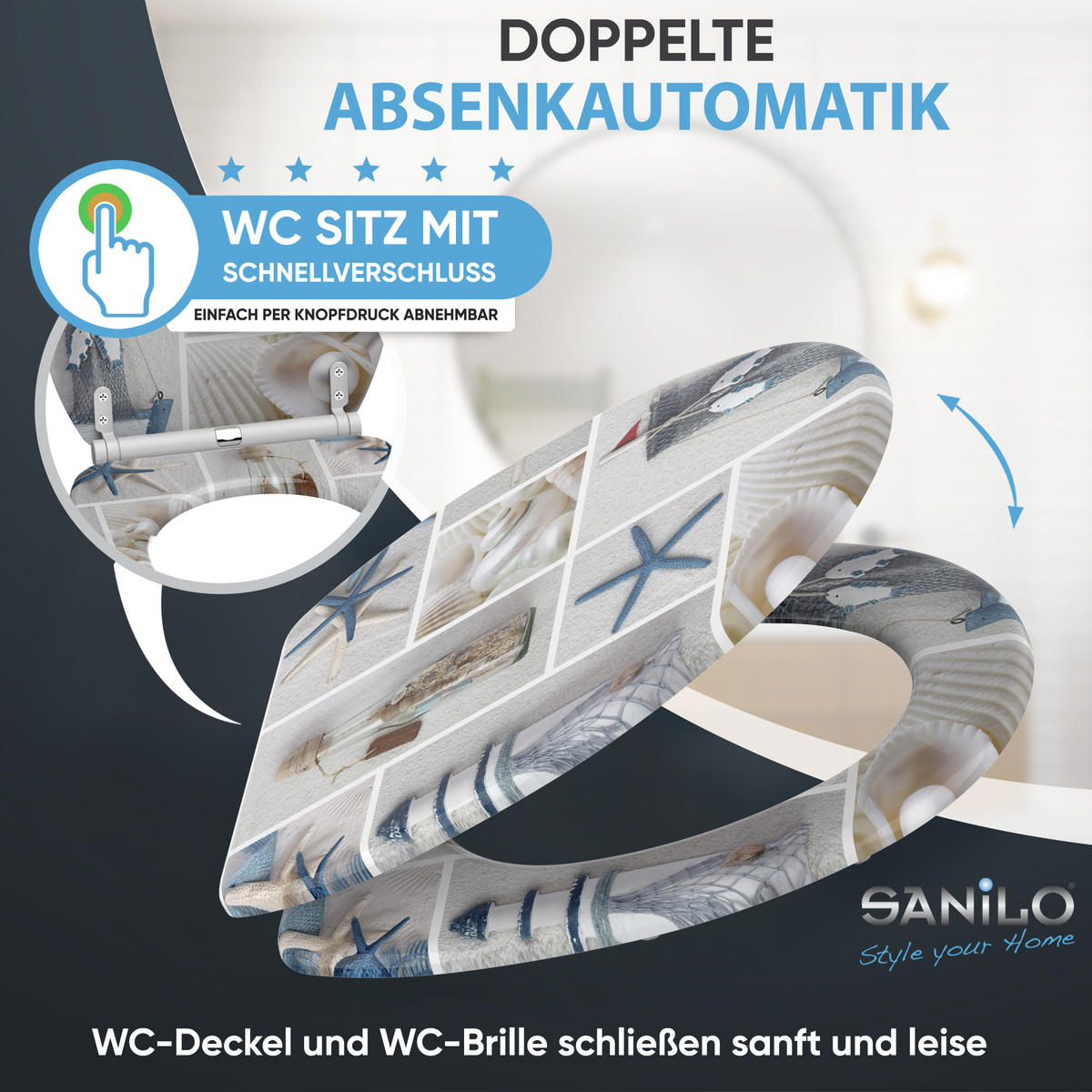 WC-SITZ mit Absenkautomatik & Top Fix Meeresbrise - Blau, Holzwerkstoff (37.7/5.5/48cm) - Sanilo