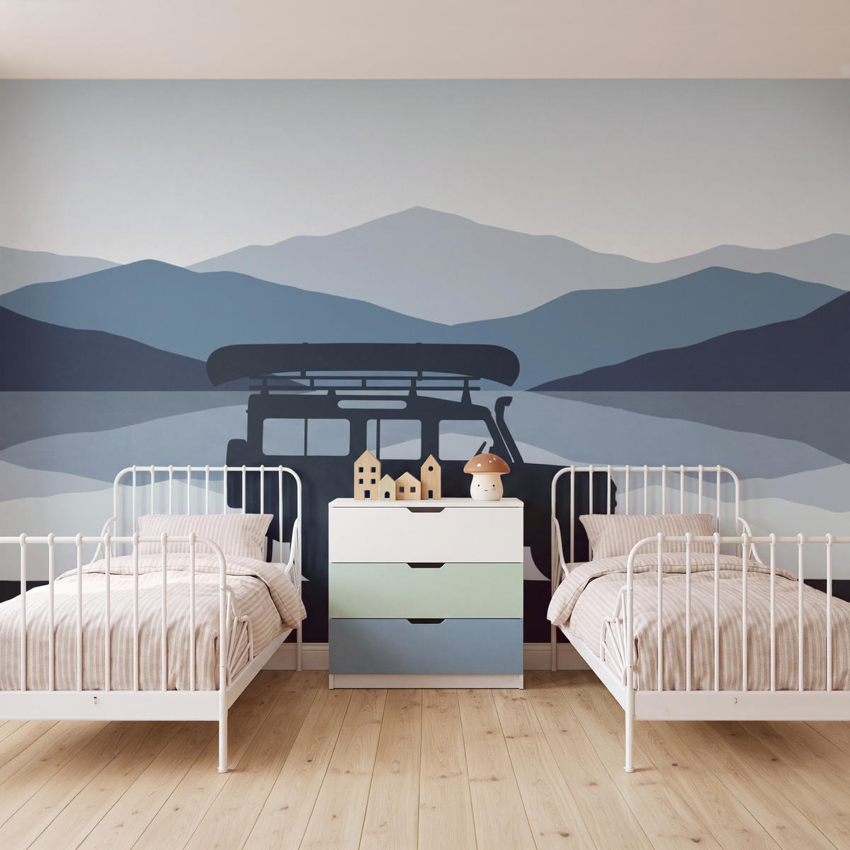 KINDERTAPETE - Auto - See - Berge - Blau - 400x280 cm - Blaugrau, Papier (400/280cm) - OnlyWow