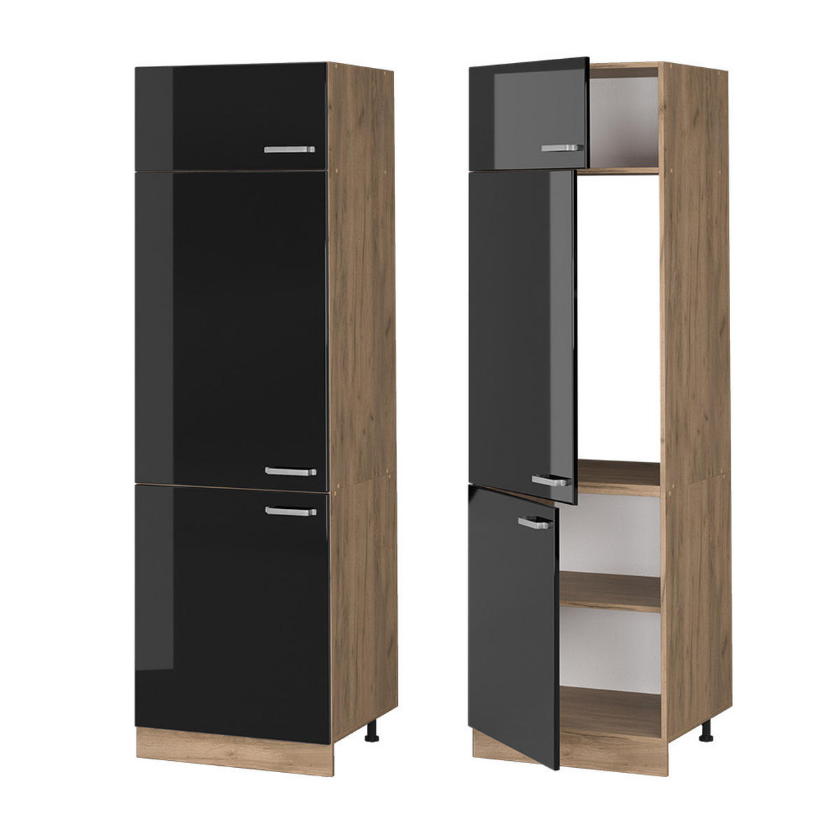 KÜHLUMBAUSCHRANK R-Line Schwarz Hochglanz 60 cm - Honigeiche/Schwarz Hochglanz, Holzwerkstoff (60/206.8/57.2cm) - Vicco
