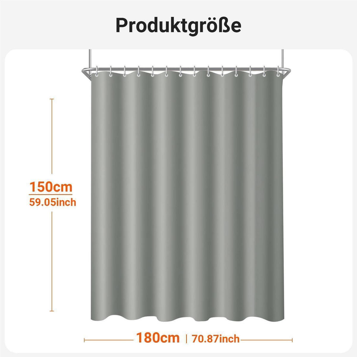 DUSCHVORHANG Grau 180 x 150 cm mit beschwertem Saum und 12 Ringen - Grau, Textil (180/150cm)