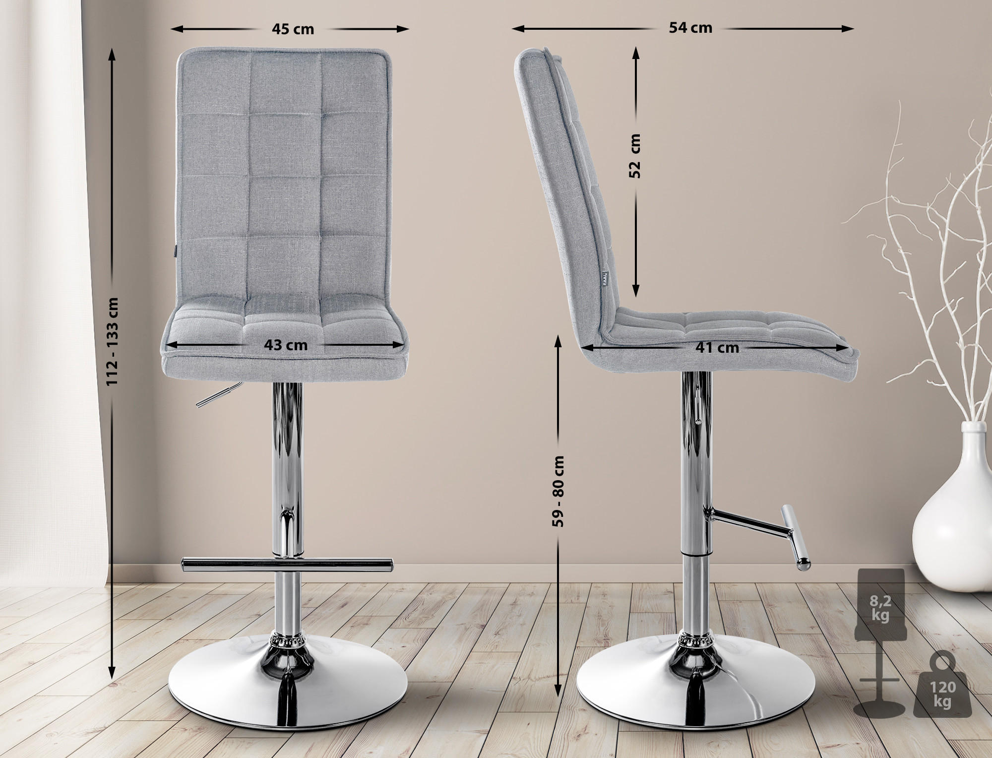 BARHOCKER Stoff hellgrau - Chromfarben/Hellgrau, Textil/Metall (45/112/54cm) - CLP