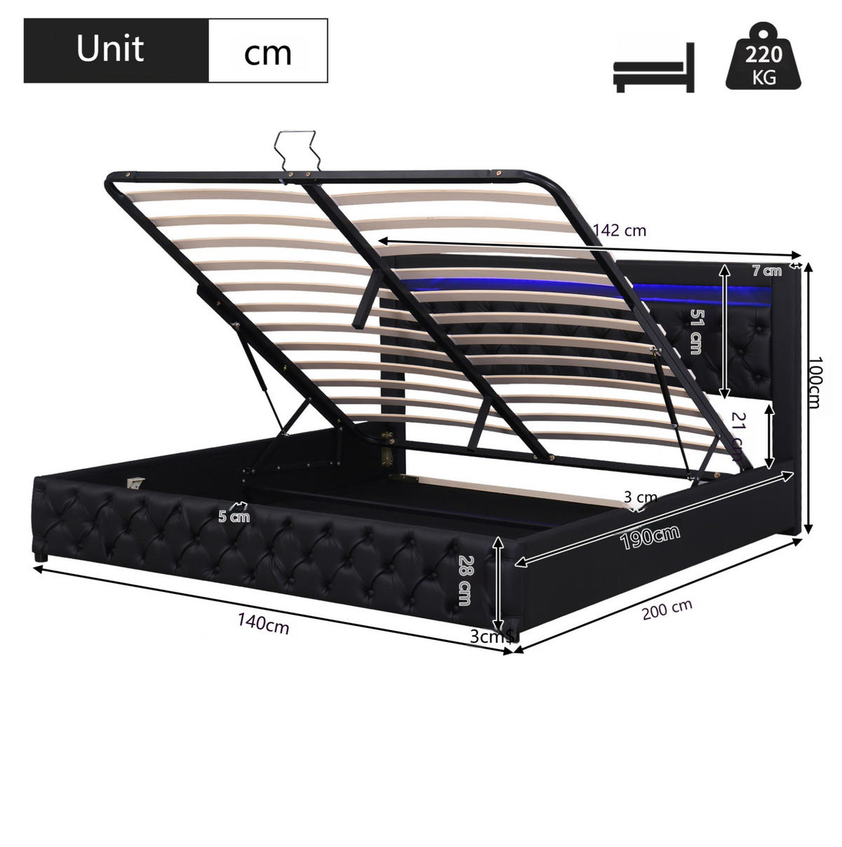 BETT mit Stauraum und LED 140x190 cm PU Black - Schwarz, Metall (140/190cm) - Meubliv