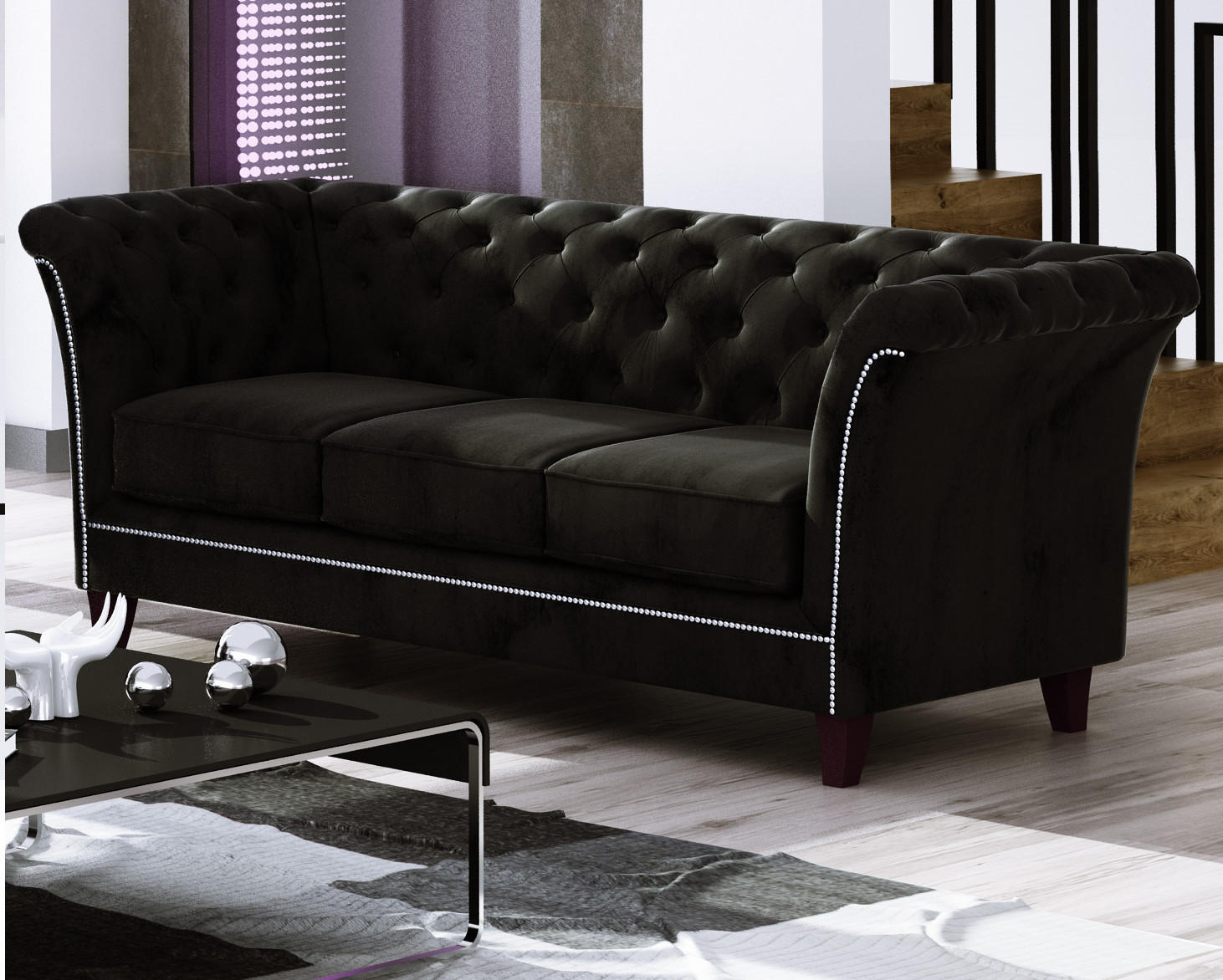 CHESTERFIELD-SOFA 3-Sitzer Fusion Schwarz Samt - Schwarz/Braun, Holz/Textil (237/75/82cm) - S-Style Möbel