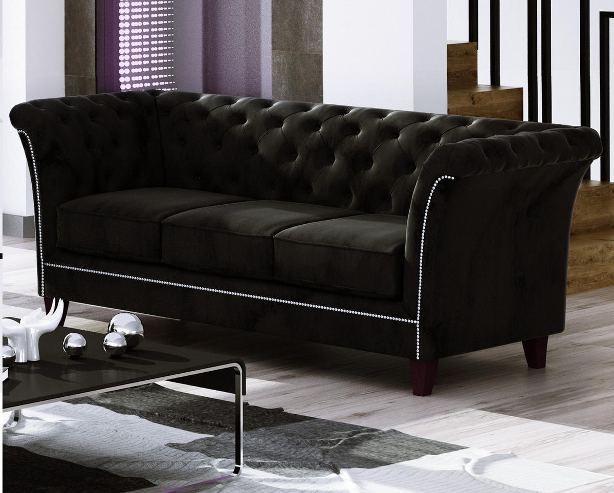 SITZGARNITUR 3+2+1 Chesterfield Fusion Schwarz Samt - Schwarz/Braun, Holz/Textil (237/75/82cm) - S-Style Möbel