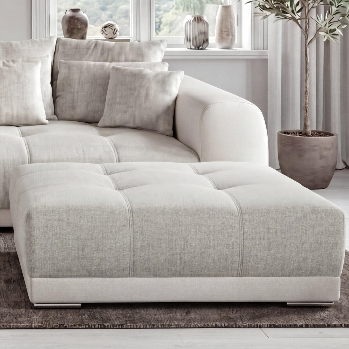 POLSTERHOCKER XXL Federkern B120/T120/H39 cm (passend zum BIG-SOFA) Kunstleder Weiß+Strukturstoff Grau Beige / 15138 - Chromfarben/Greige, Kunststoff/Textil (120/39/120cm) - luma-home