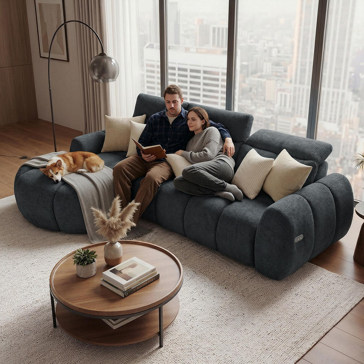 ECKSOFA Sorel Mini mit Automatisch verstellbarer Sitztiefe und Kopfstützen, links, Dunkielgrau - Dunkelgrau, Textil (190/275cm) - Beautysofa