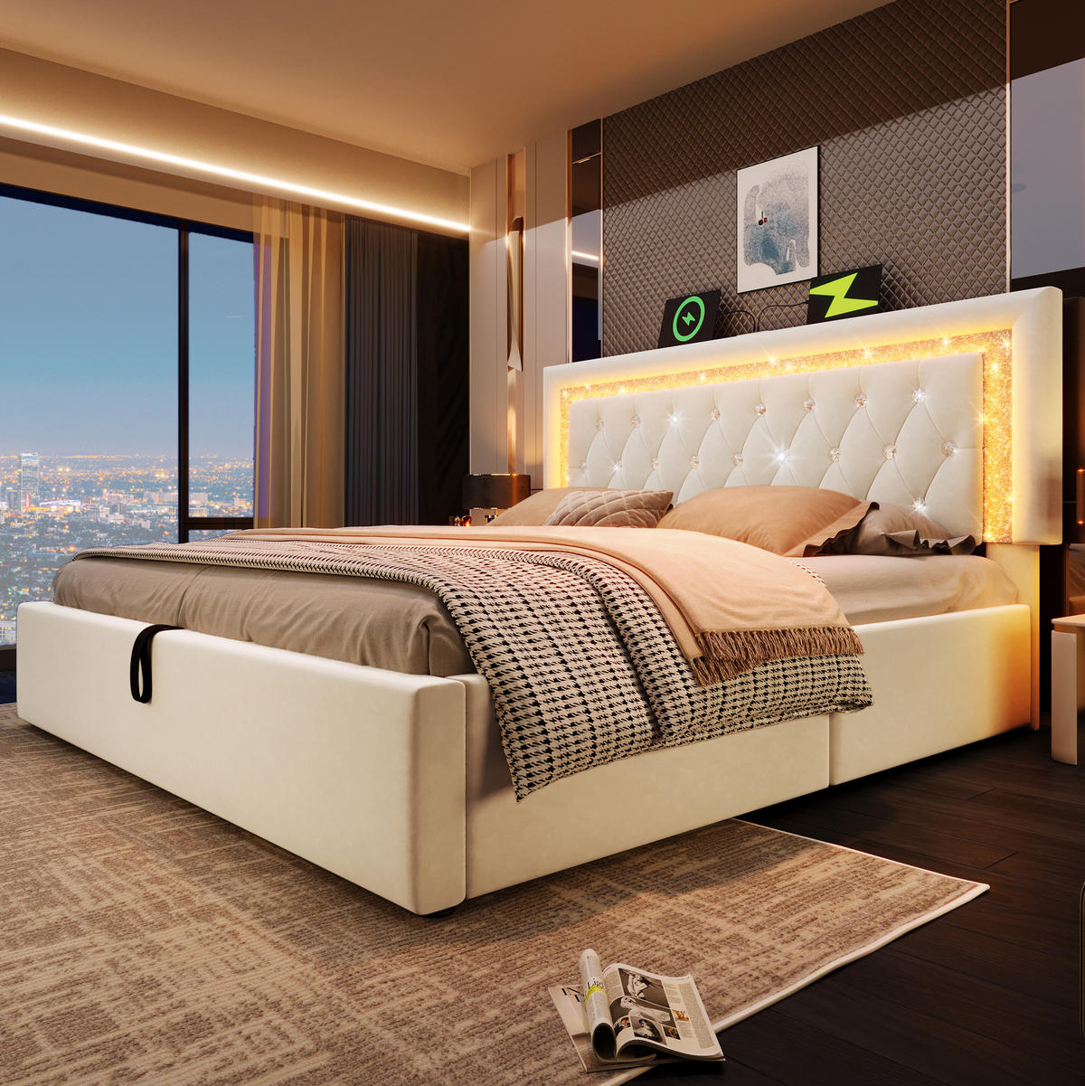 SAMT-POLSTERBETT 180/200 cm mit LED-Beleuchtung, Bettkasten und USB-C - Beige, Textil (180/200cm) - BEAOK