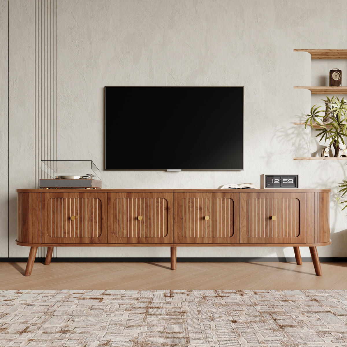 TV-SCHRANK 180cm 4 Türen Goldgriffe Holzbeine modern - Walnussfarben, Holzwerkstoff (38/47/180cm) - FLIEKS