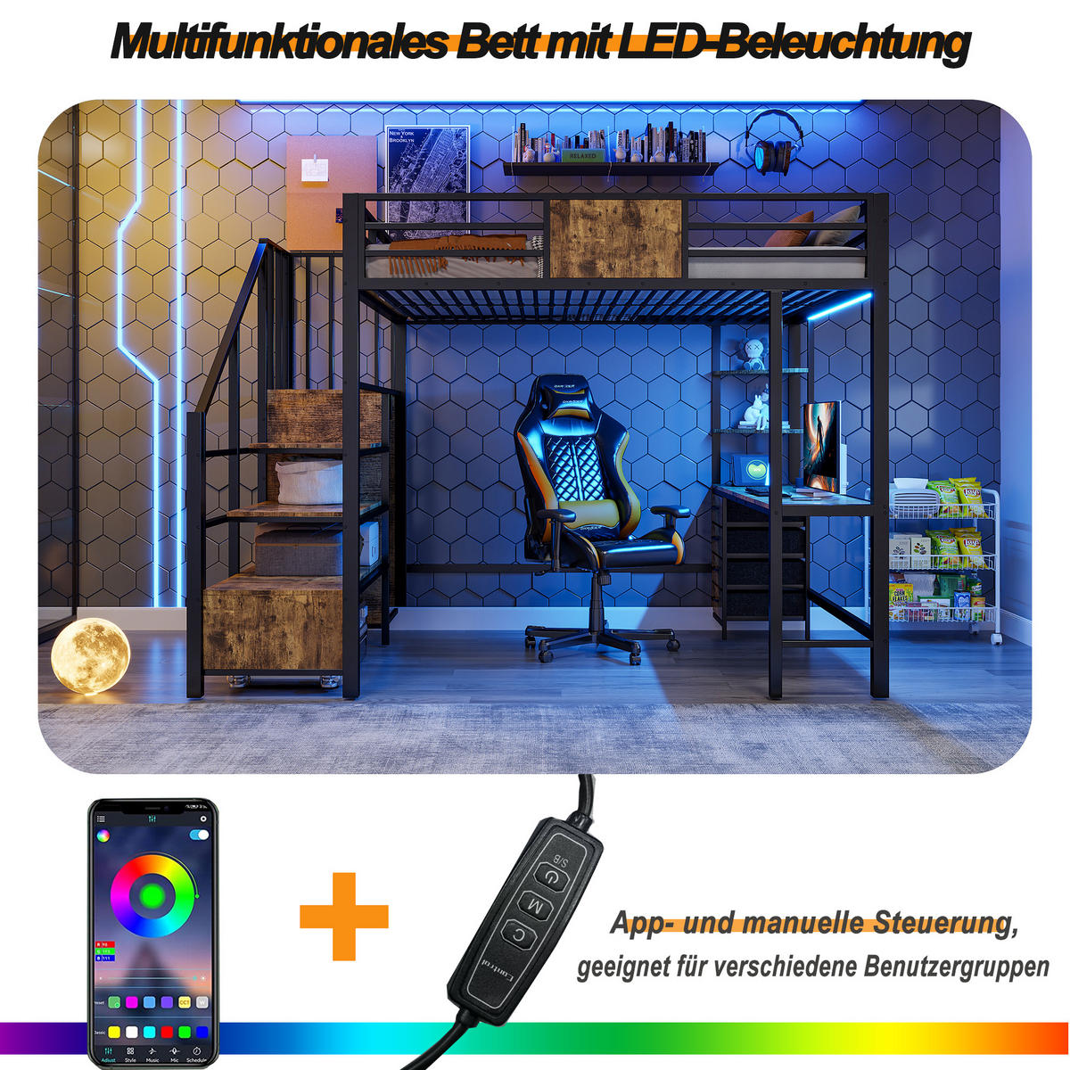HOCHBETT 140/200 cm in Schwarz mit Schreibtisch, LED, Steckdose und Kleiderstange - Schwarz, Holzwerkstoff/Metall (140/200cm) - CHICFURN