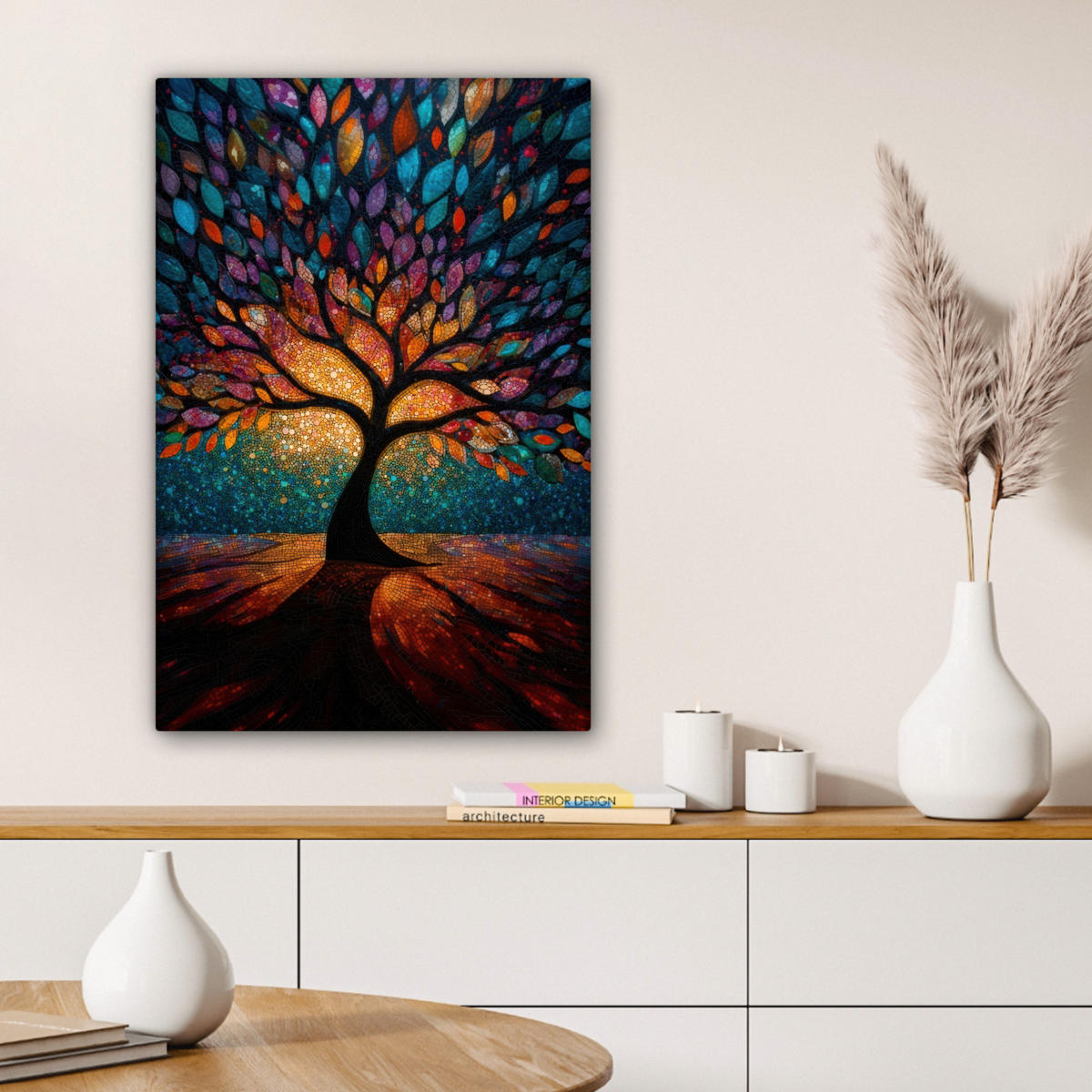 LEINWANDBILD Mosaik - Bunt - Baum - Äste Wanddeko Schlafzimmer 60x90 cm - Multicolor, Textil (60/90cm) - MuchoWow