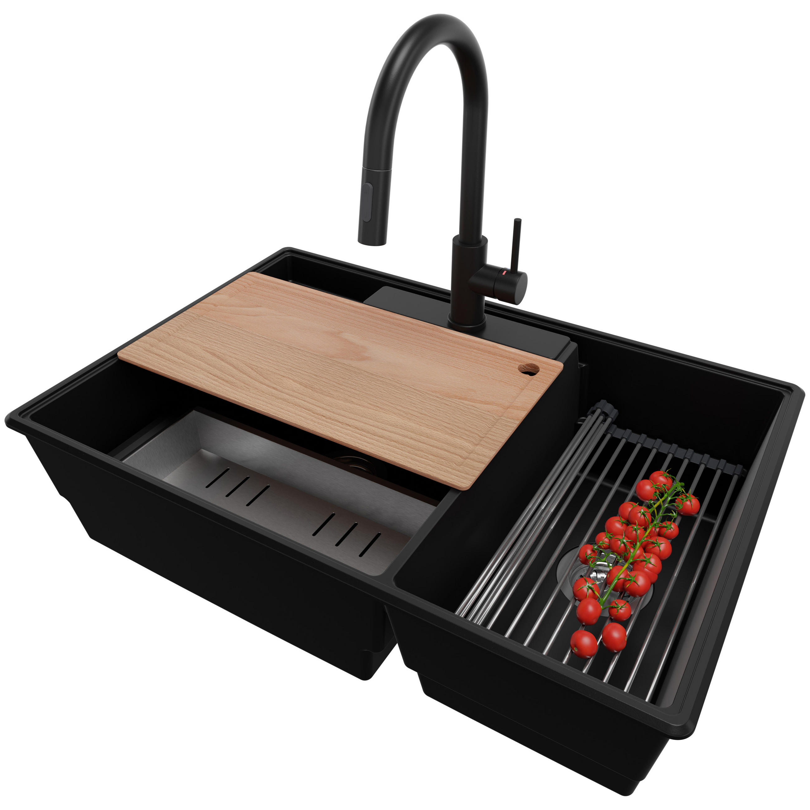 GRANITSPÜLE Paris, 2-er set Schwarz 78/53 cm 2 Becken + Küchenarmatur 40/20 cm + Ablauf-Set + Küchenzubehörset ab 80er Unterschrank - Chromfarben/Edelstahlfarben, Kunststoff (78/20/53cm) - Primagran