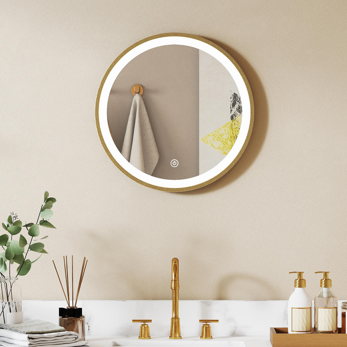 BADSPIEGEL, 3 Farbtemperaturen, dimmbar, goldfarben,Runder 40 cm - Goldfarben, Glas (40/40/3cm) - Vallsero