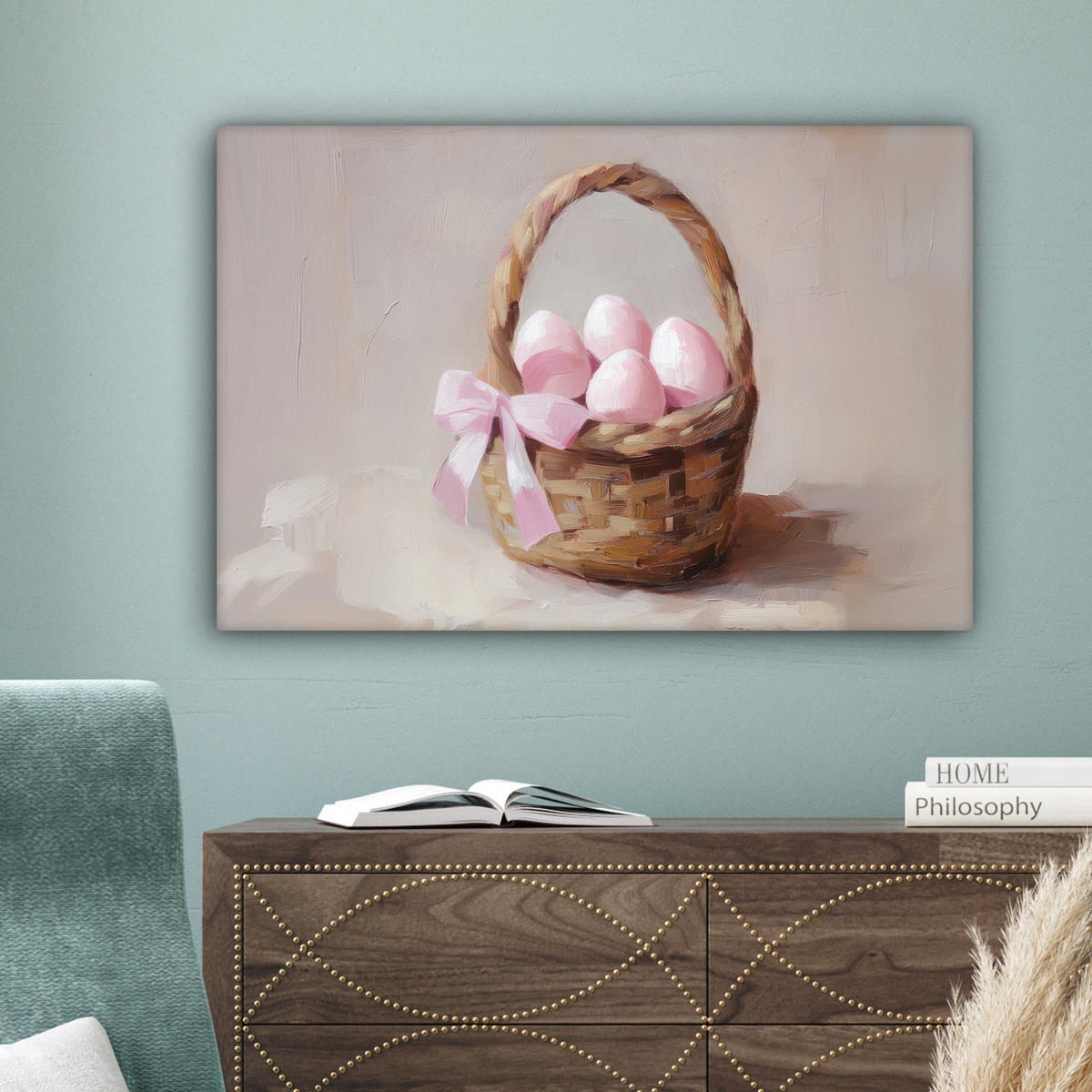 LEINWANDBILD Korb - Eier - Rosa Gemälde 60x40 cm - Beige, Textil (60/40cm) - MuchoWow