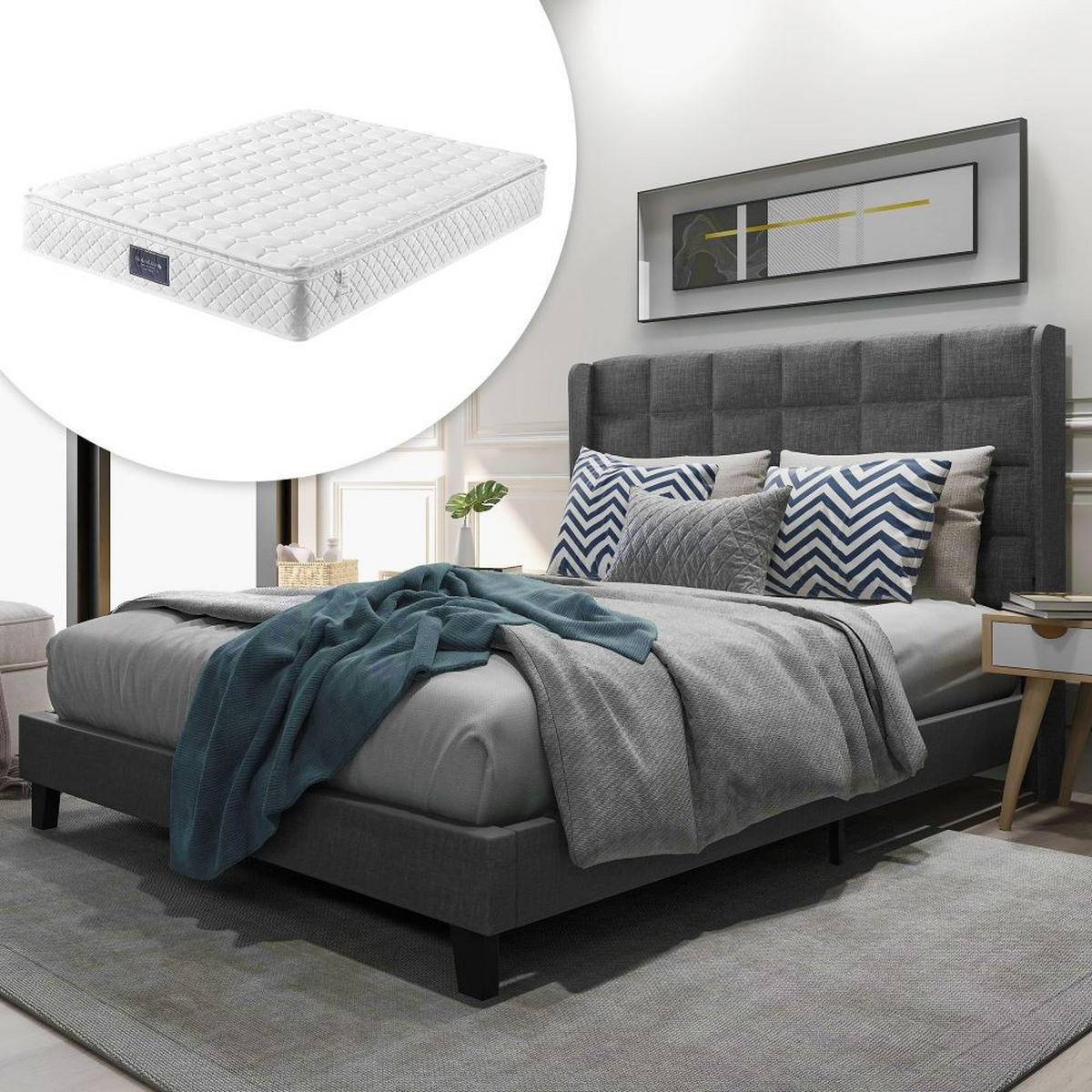 POLSTERBETT 140/200 cm in Grau Leinen mit Federkernmatratze - Grau, Holz/Textil (140/200cm) - KOMHTOM