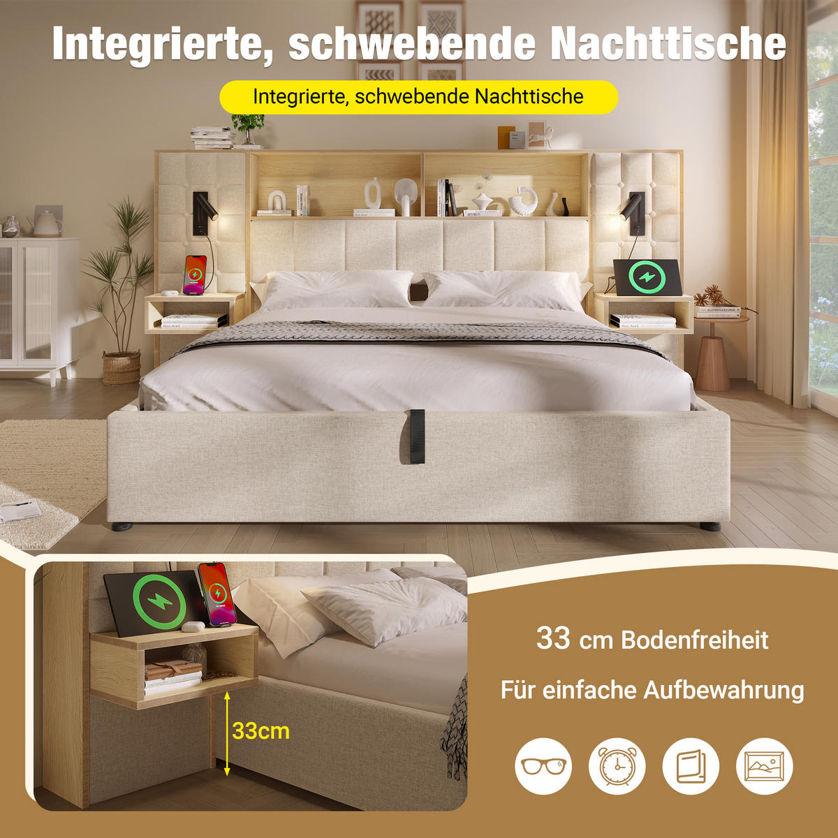BETT 180/200 cm in Beige mit Bettkasten, LED, Leselampen, USB, Type-C und Nachttischen - Beige, Holzwerkstoff/Textil (180/200cm) - WISHDOR