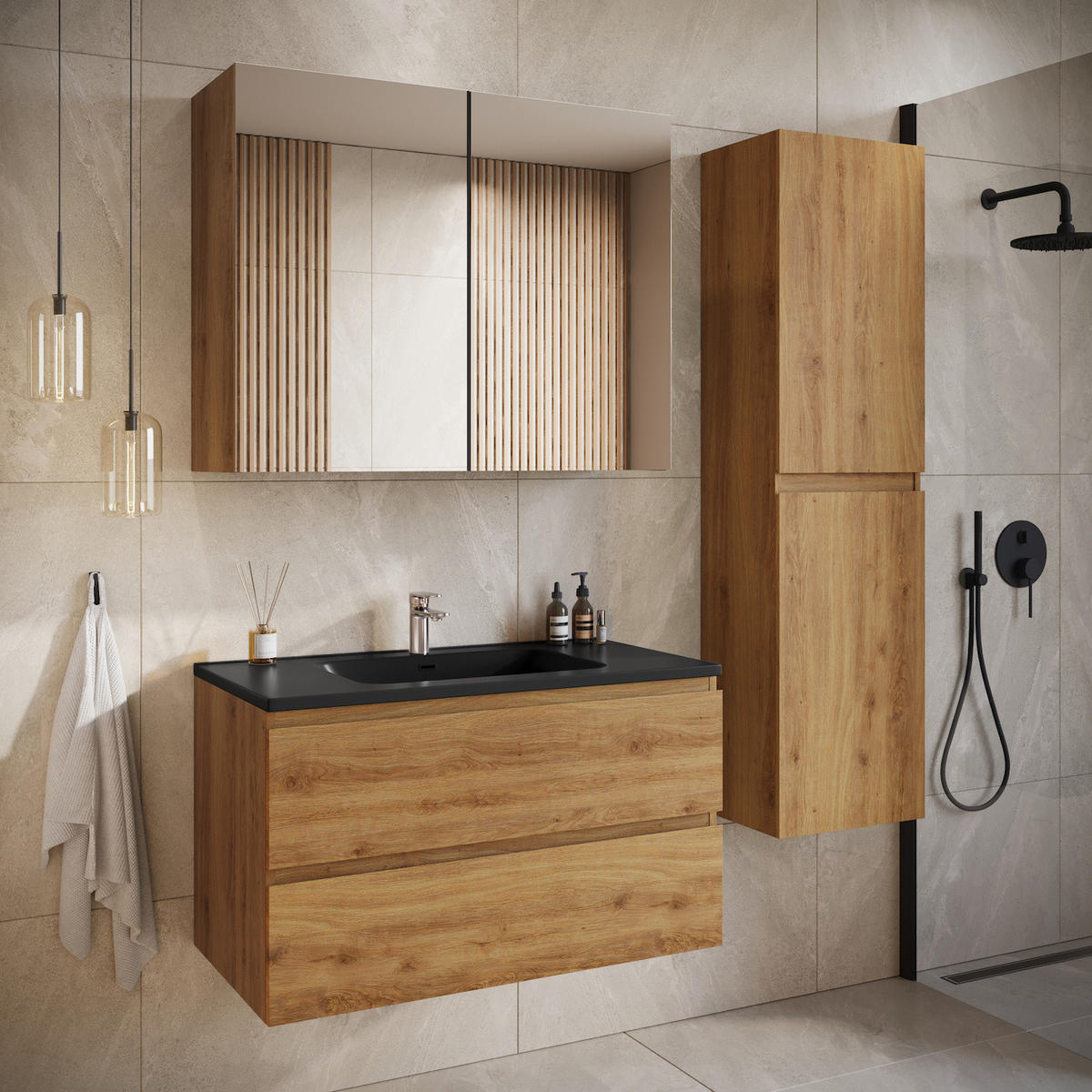 WASCHTISCHKOMBI Angela 2 Teile - Eiche Mit Schwarzem Waschbecken - 80 x 48 x 52 cm - Eichefarben/Schwarz, Holz (80/52/48cm) - Badplaats