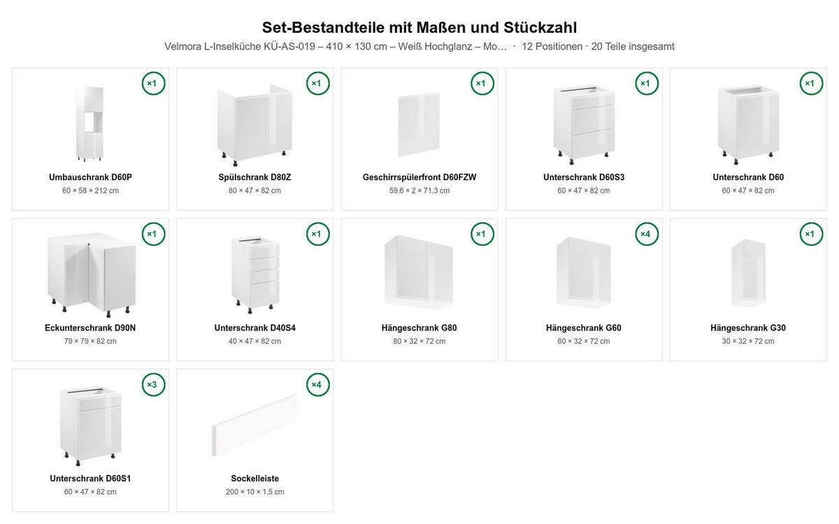 L-KÜCHE mit Insel Velmora Weiß Hochglanz – 410 × 130 cm + Insel 180 cm – KÜ-AS-019 – Weiß - Weiß, Holzwerkstoff (410/212/58cm) - ROYAL24_MARKT