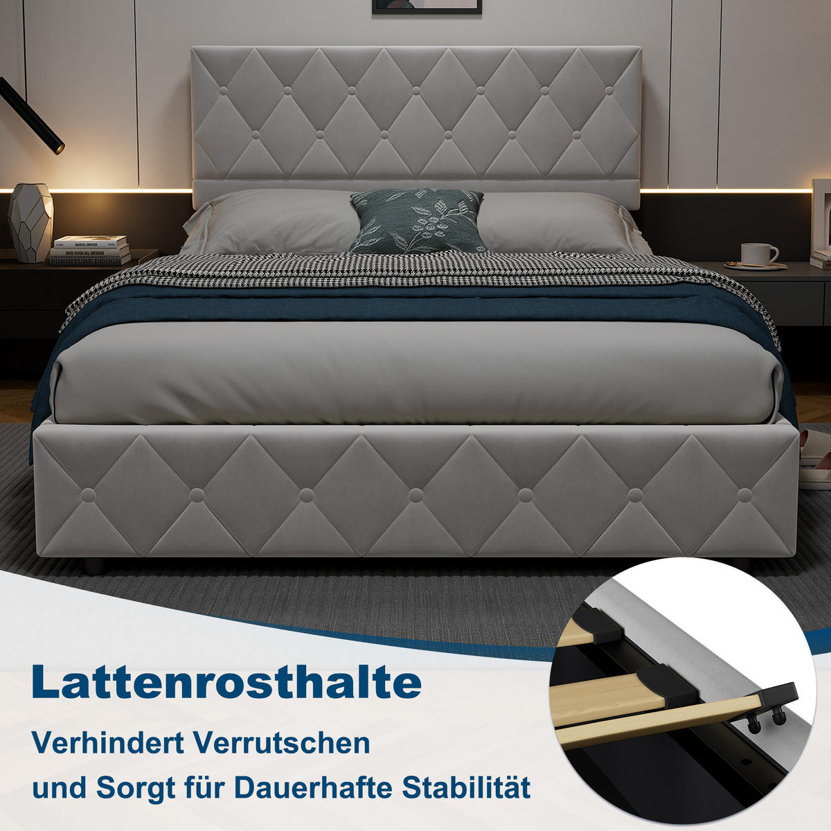 POLSTERBETT 140/200 cm mit Bettkasten in Grau Samt, ohne Matratze - Hellgrau, Holzwerkstoff/Textil (140/200cm) - WISHDOR