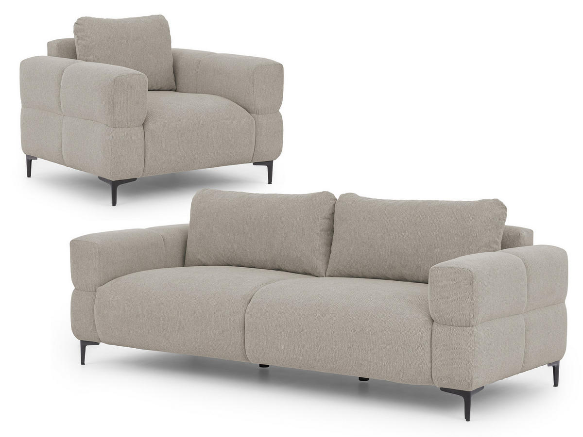 SITZGARNITUR 3+1 Cardea in Bubble-Optik aus weichem Taupe Strukturstoff mit hohem Sitzkomfort - Taupe/Schwarz, Holz/Textil (217/80/97cm) - S-Style Möbel