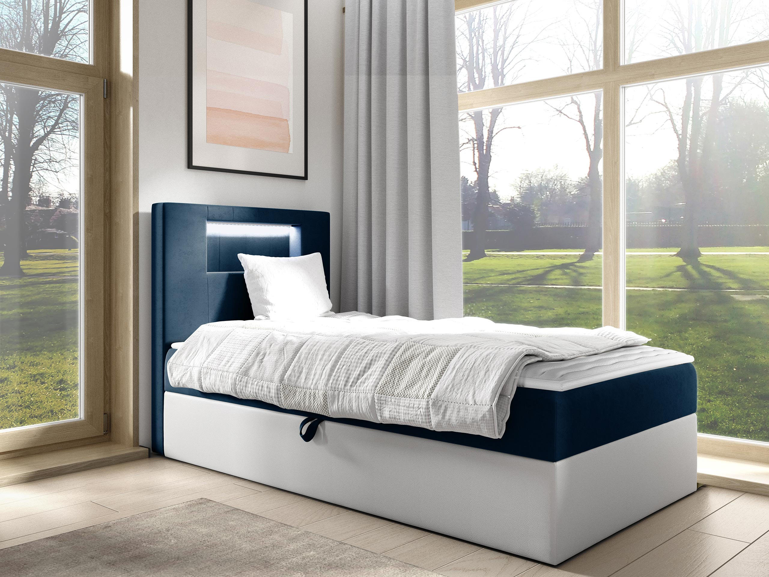BOXBETT Gold Junior 1, Seite zum Öffnen des Bettkastens: Links - Blau/Weiß, Holz (90/200cm) - MIRJAN24