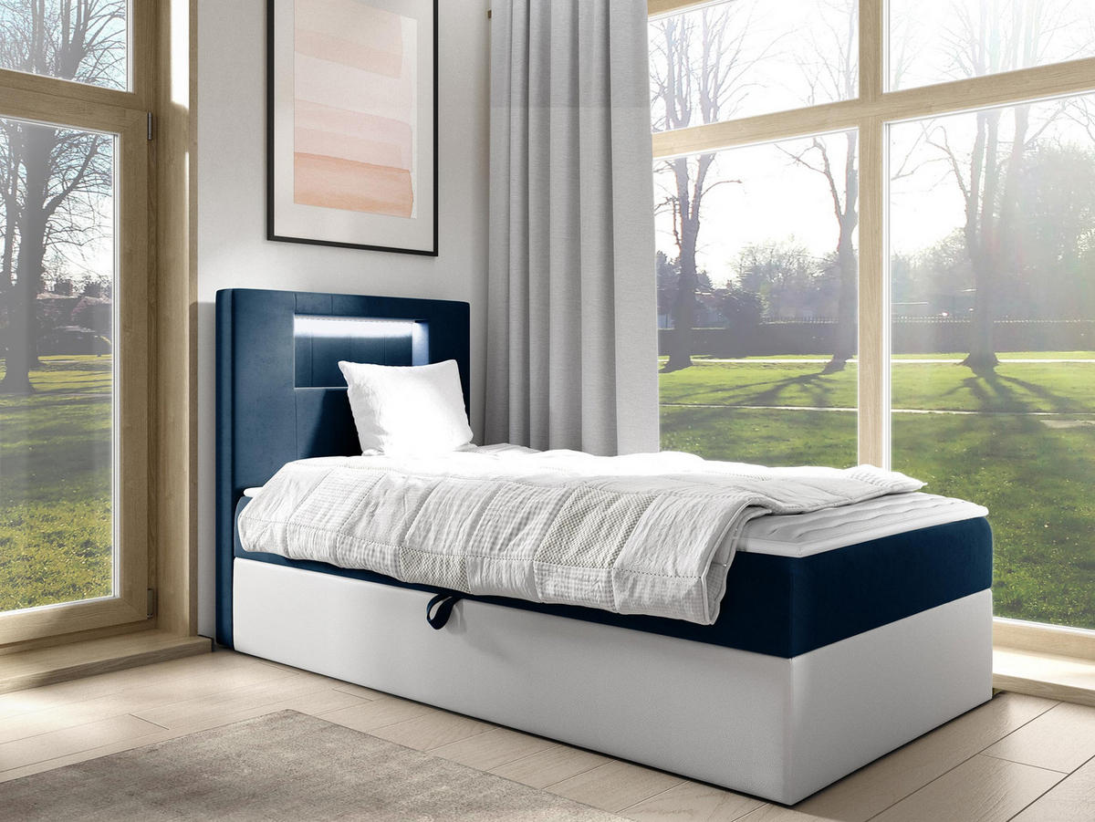 BOXBETT Gold Junior 1, Seite zum Öffnen des Bettkastens: Links - Blau/Weiß, Holz (100/200cm) - MIRJAN24