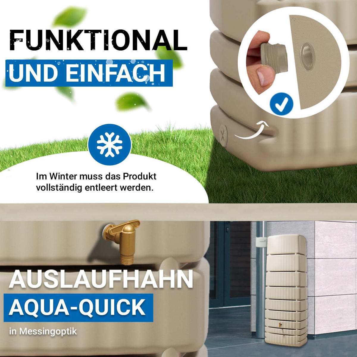 WANDTANK Komplett-Set 650 L sandbeige inkl. Kunststoff-Auslaufhahn und Fallrohranschluss - Sandfarben, Kunststoff (79/210/52cm) - 4rain