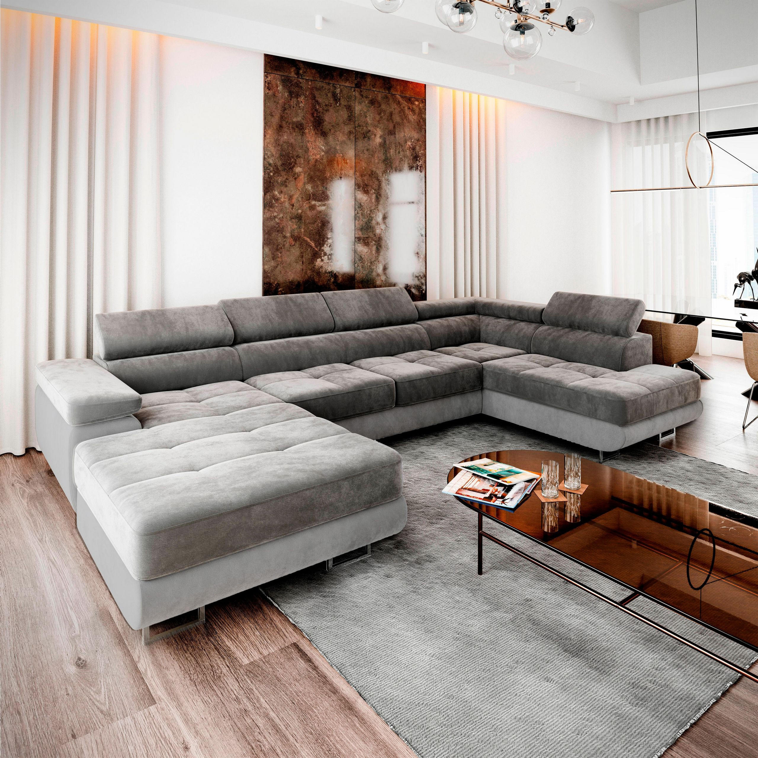WOHNLANDSCHAFT CASONE R-S Grau Velours-Stoff mit Schlaffunktion - Grau, Holz (345/90/202cm) - MASSENO