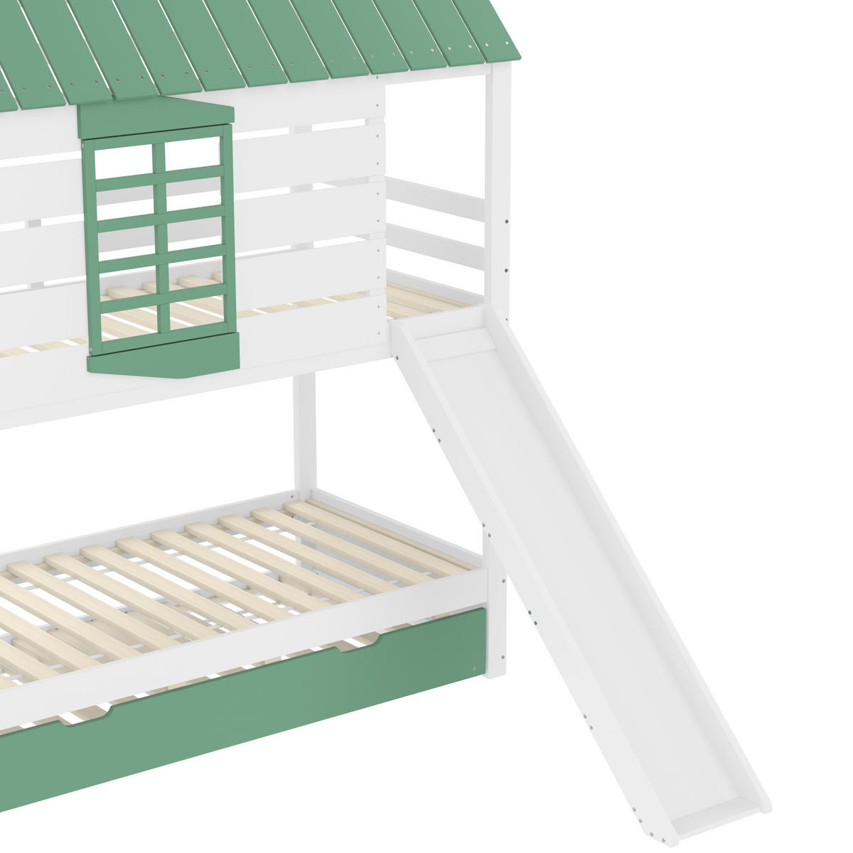 ETAGENBETT 90/200 cm in Weiß/Grün mit Rutsche und Ausziehbett - Weiß, Holzwerkstoff (90/200cm) - OKMYHOME