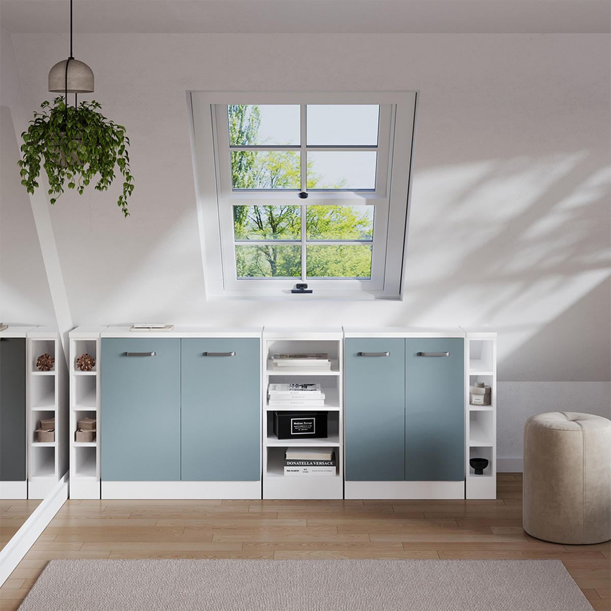 DACHSCHRÄGENSCHRANK-SET Rion Blau-Grau 210 cm 5er Set Schrankkorpuss 60 cm Tiefe - Blaugrau/Weiß, Holzwerkstoff (210/83.8/60cm) - Vicco