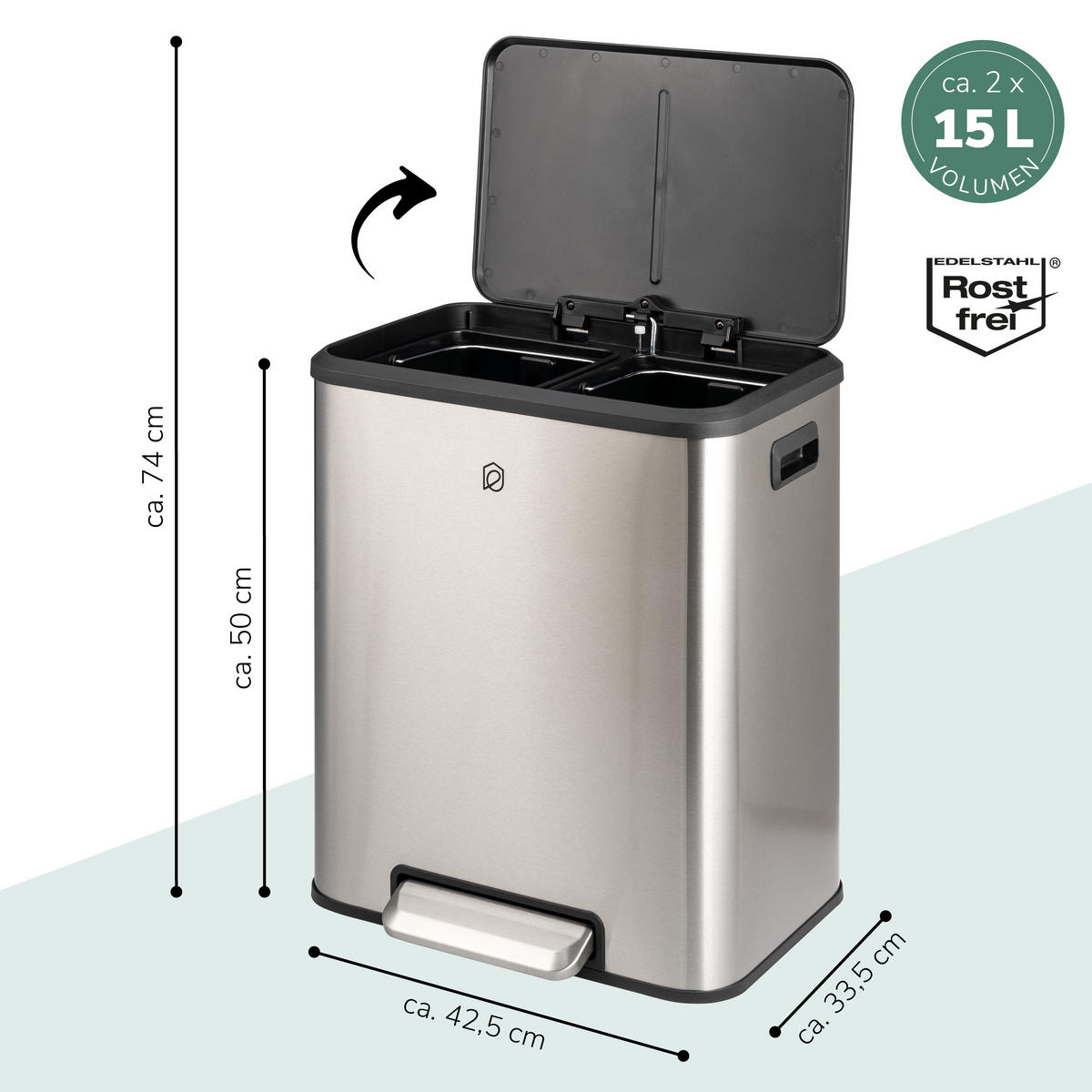 ABFALLEIMER je 15 Liter, silber - Edelstahlfarben, Metall (42.5/50/33.5cm) - eluno