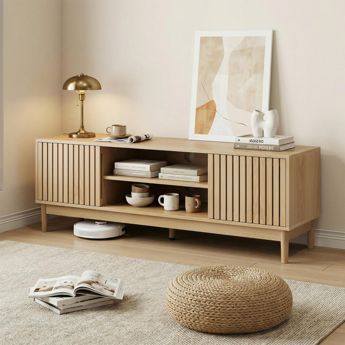 TV-LOWBOARD eichen-optik & lamellen-design - Eichefarben, Holzwerkstoff (140/48/39cm) - Urban Meuble