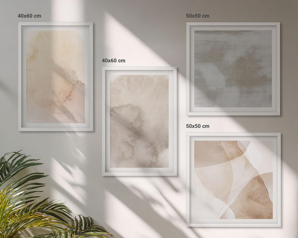 WANDBILDER 4er-Set - 50x50 cm & 40x60 cm Weißer Rahmen - Warme Aquarell-Pastelltexturen - Weiß, Kunststoff (50/50cm) - ArtPrintCave