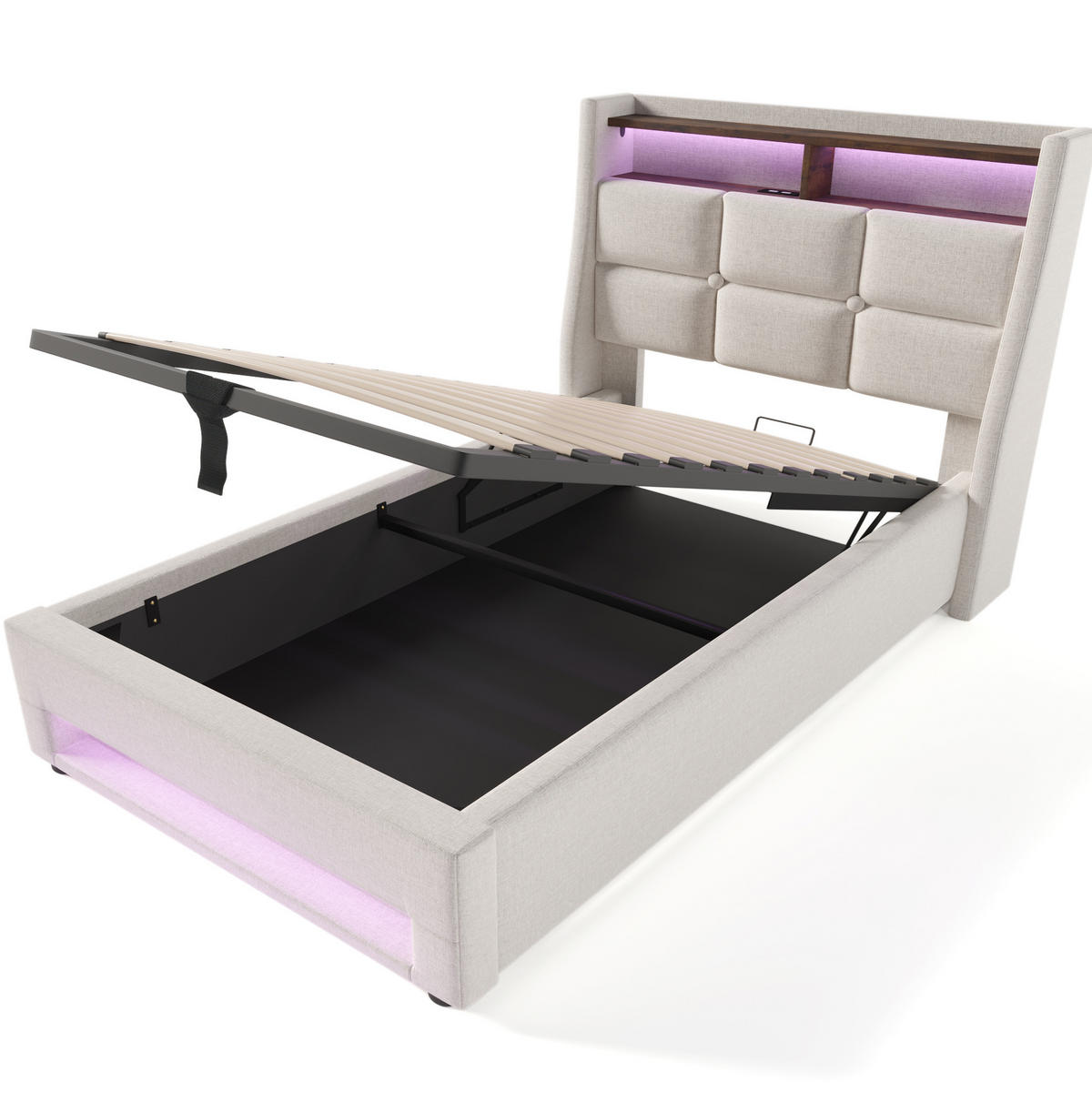 POLSTERBETT aus Leinenmaterial 90x200 cm Hellbeige mit LED-Beleuchtung, 2 USB-Anschlüssen und Stauraum - Beige, Textil (90/200cm) - IVMEU