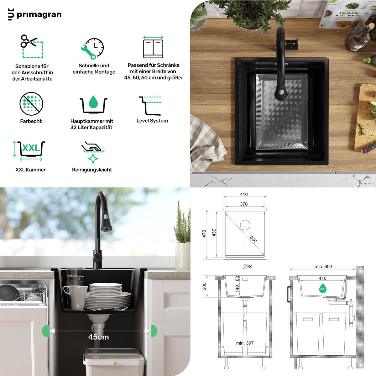 SPÜLBECKEN Praga Slim, 2-er set Weiß 41/47 cm 1 Becken + Ablauf-Set + Aufrollbare Abtropffläche ab 45er Unterschrank - Chromfarben/Weiß, Kunststoff (41/20/47cm) - Primagran