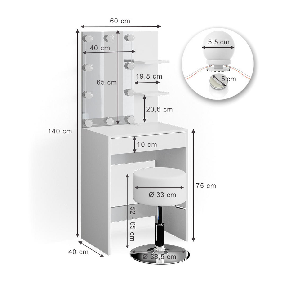 SCHMINKTISCH Isabelle Weiß 60 cm mit LED Beleuchtung und Hocker - Weiß, Holzwerkstoff (60/140/40cm) - Vicco