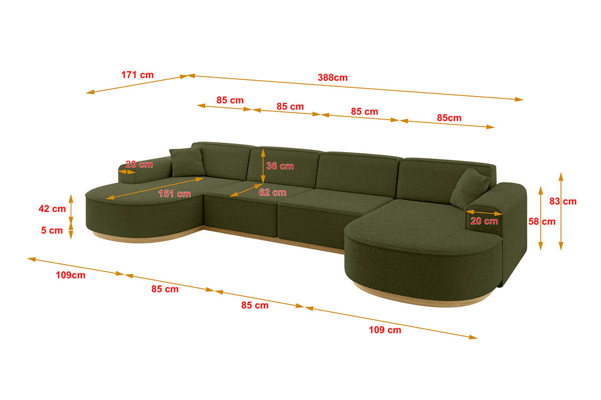 WOHNLANDSCHAFT MARI-U2-v2 - 388x171x83 cm Grün Bouclé - Grün, Holzwerkstoff/Textil (388/83/171cm) - ALTDECOR